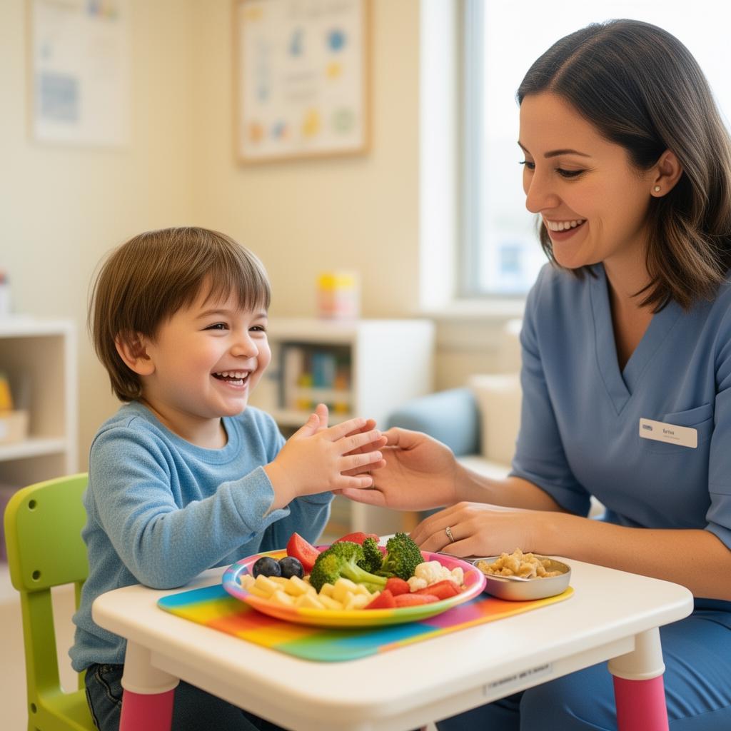 A clinician supporting a child during a feeding therapy session